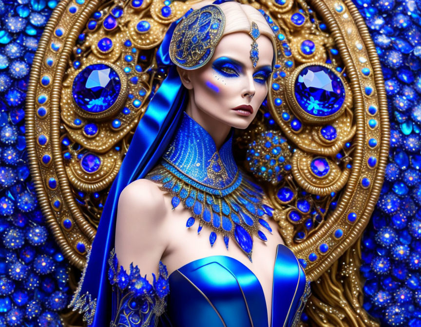 Elaborate Blue and Gold Headwear and Jewelry on Ornate Background