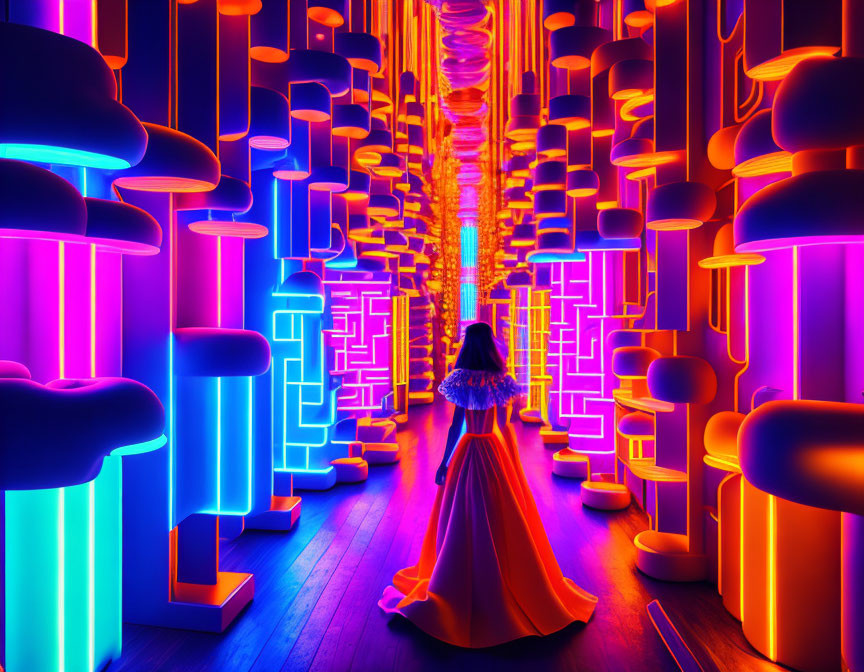 Person in Long Dress in Colorful Neon-Lit Hallway