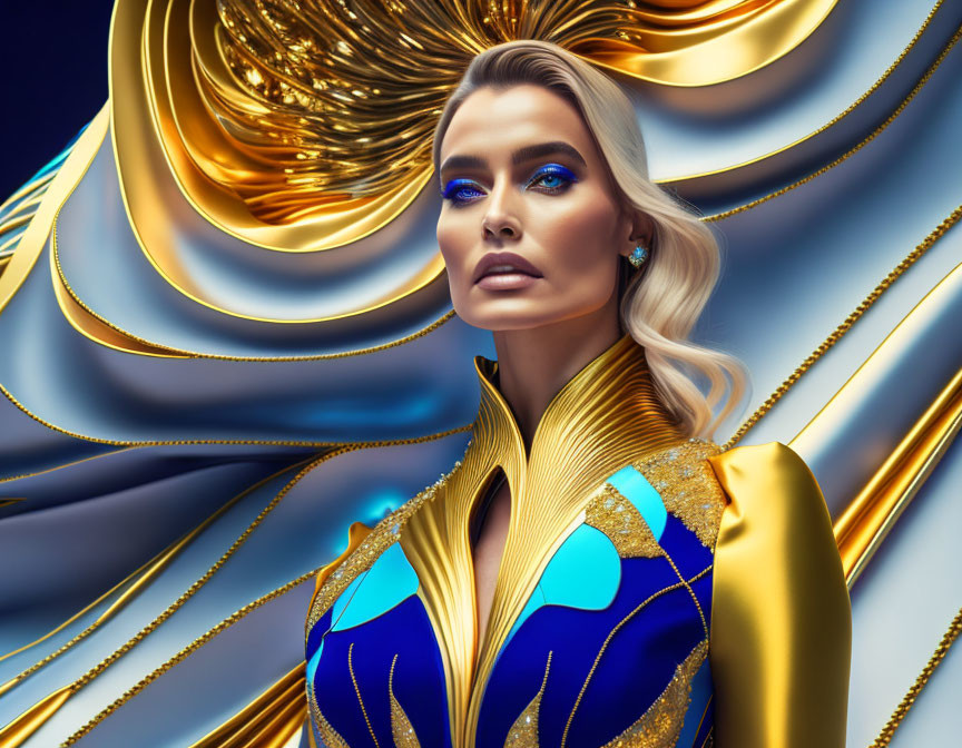 Blonde woman with bold makeup in gold and blue futuristic outfit
