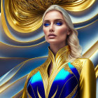 Blonde woman with bold makeup in gold and blue futuristic outfit