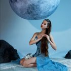 Fantasy art: Woman with white hair, blue dress, celestial background