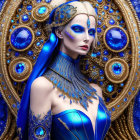 Elaborate Blue and Gold Headwear and Jewelry on Ornate Background