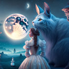 Woman in dress with giant cat under starry sky and moon with paw print in mystical landscape