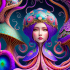 Colorful Female Character with Ornate Headdress and Psychedelic Mushrooms