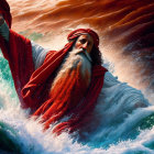 Bearded figure in red cloak commanding ocean waves