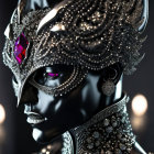 Intricate black mask with silver and purple details on mannequin's face