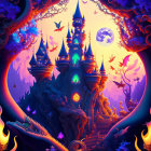 Fantasy landscape with glowing castle, moonlit sky, fiery blooms, mystical trees
