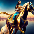Warrior woman on golden horse near Egyptian pyramid at sunset
