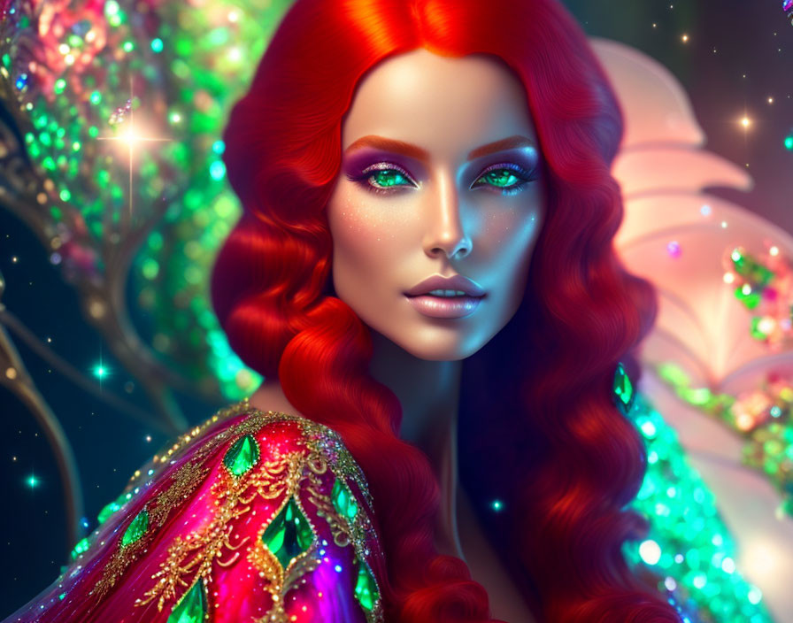 Colorful illustration: Woman with red hair and emerald eyes in ornate outfit