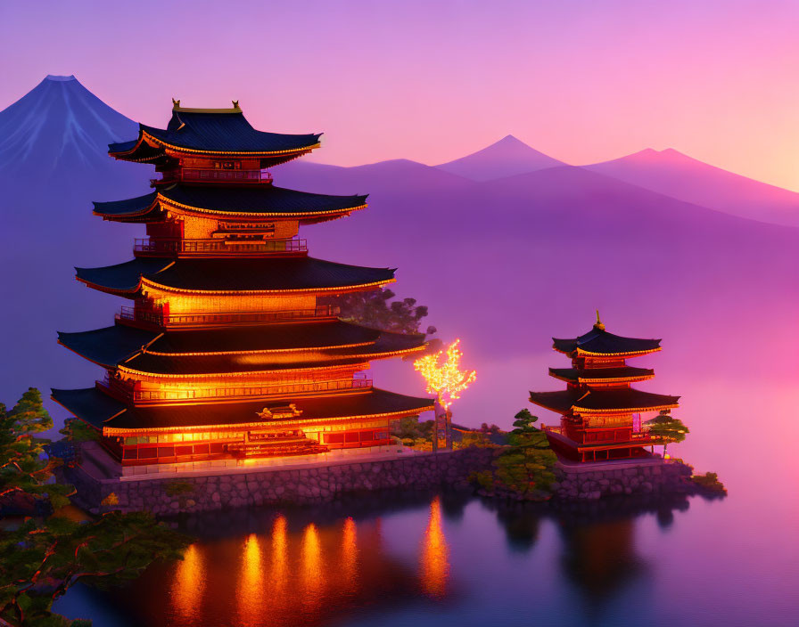 Japanese pagoda near serene lake at dusk with Mount Fuji and purple sky