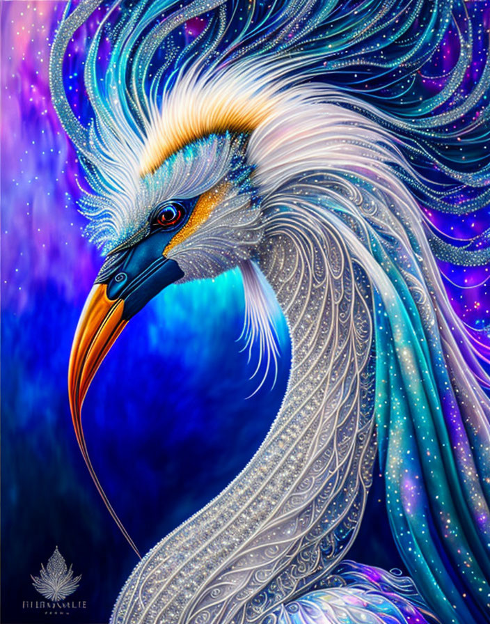 Colorful Stylized Bird Artwork in Cool Blues, Purples, and Warm Orange