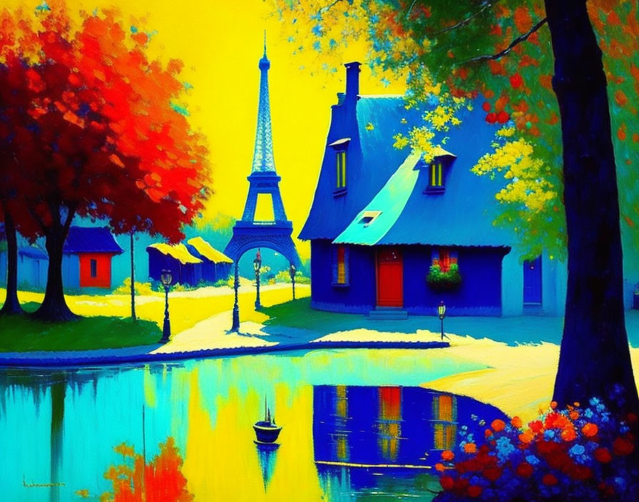 Vibrant autumn scene with blue house, Eiffel Tower, and colorful trees