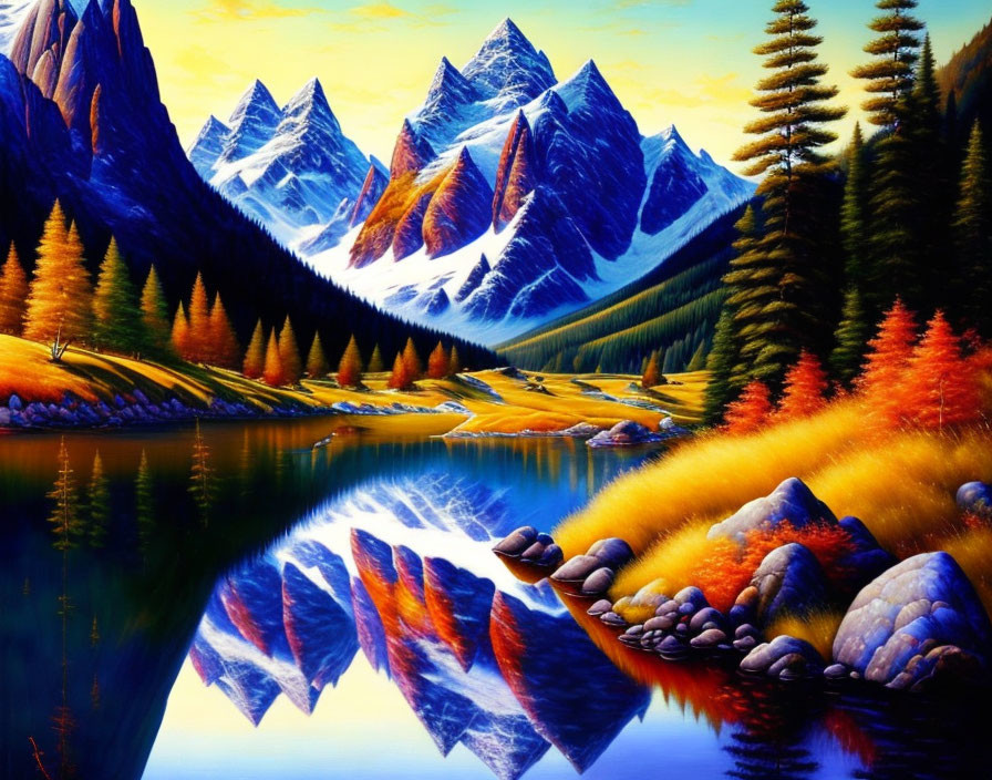 Colorful autumn mountain landscape with lake reflections and snowy peaks.