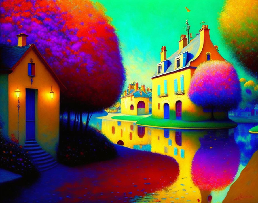 Colorful Whimsical Village Painting with Radiant Trees and Houses