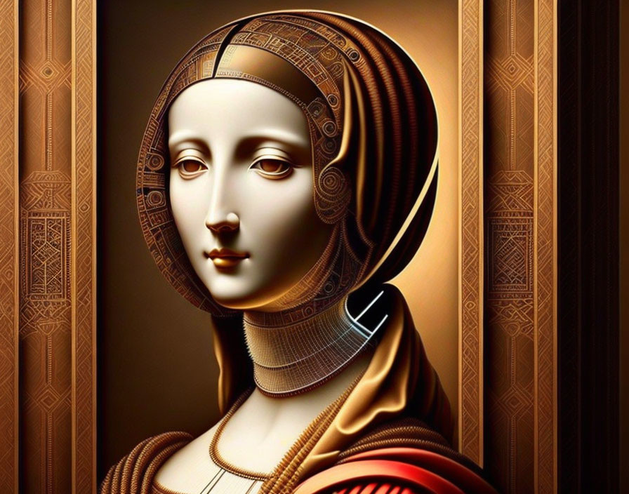Modern digital artwork: Mona Lisa-inspired figure with metallic sheen on ornate golden backdrop