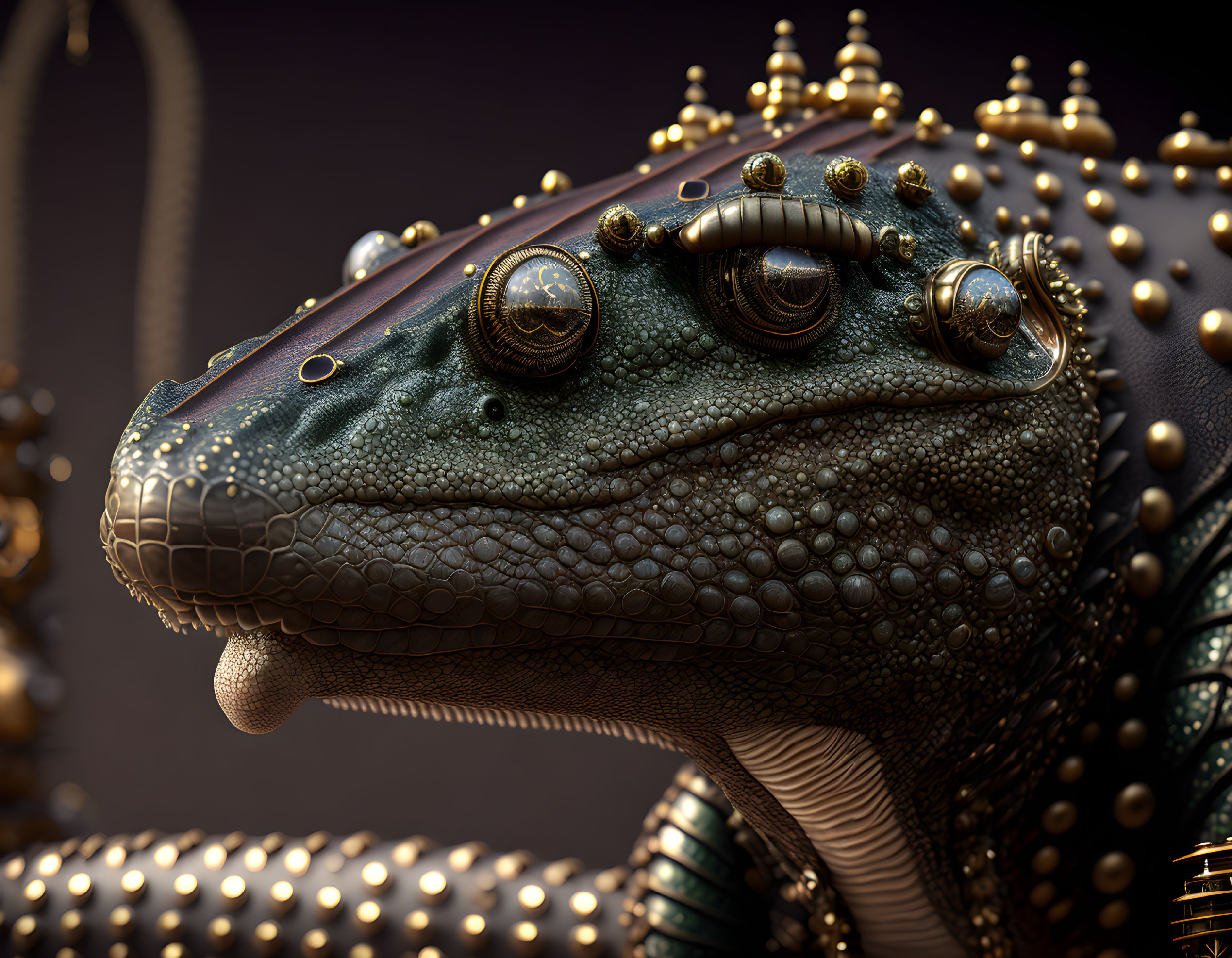 Surreal digital artwork: reptilian creature with glistening eyes & golden embellishments