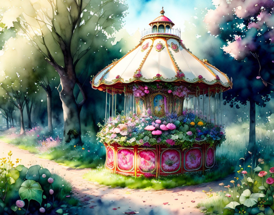 Sunlit Carousel Surrounded by Trees and Flowers