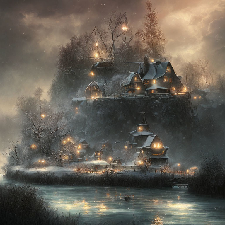Snowy Cliff Overlooking River with Cozy Houses and Twinkling Lights