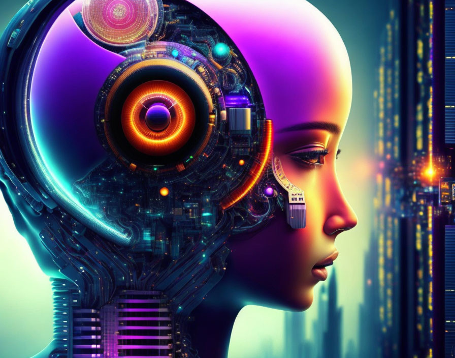 Vibrant humanoid robot profile with cybernetic details and cityscape.
