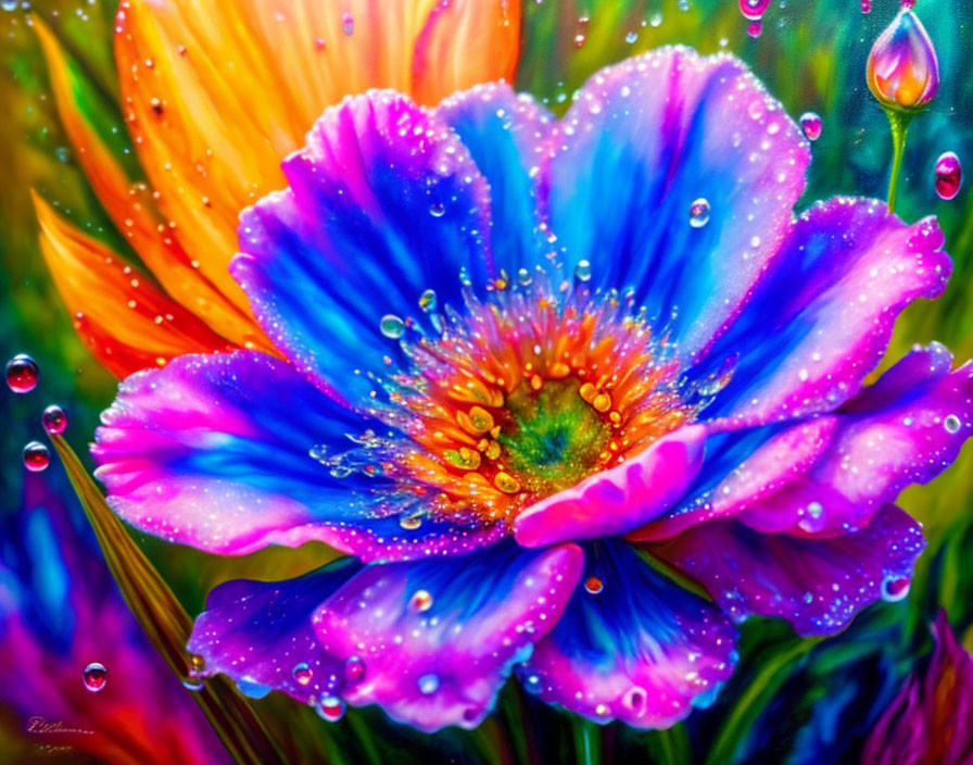 Multicolored flower with water droplets in blues, pinks, oranges, and greens