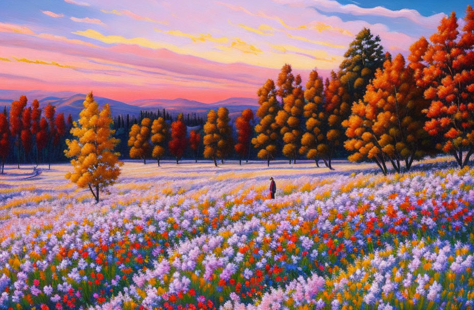 Colorful painting of flower-filled meadow with autumn trees under sunset sky