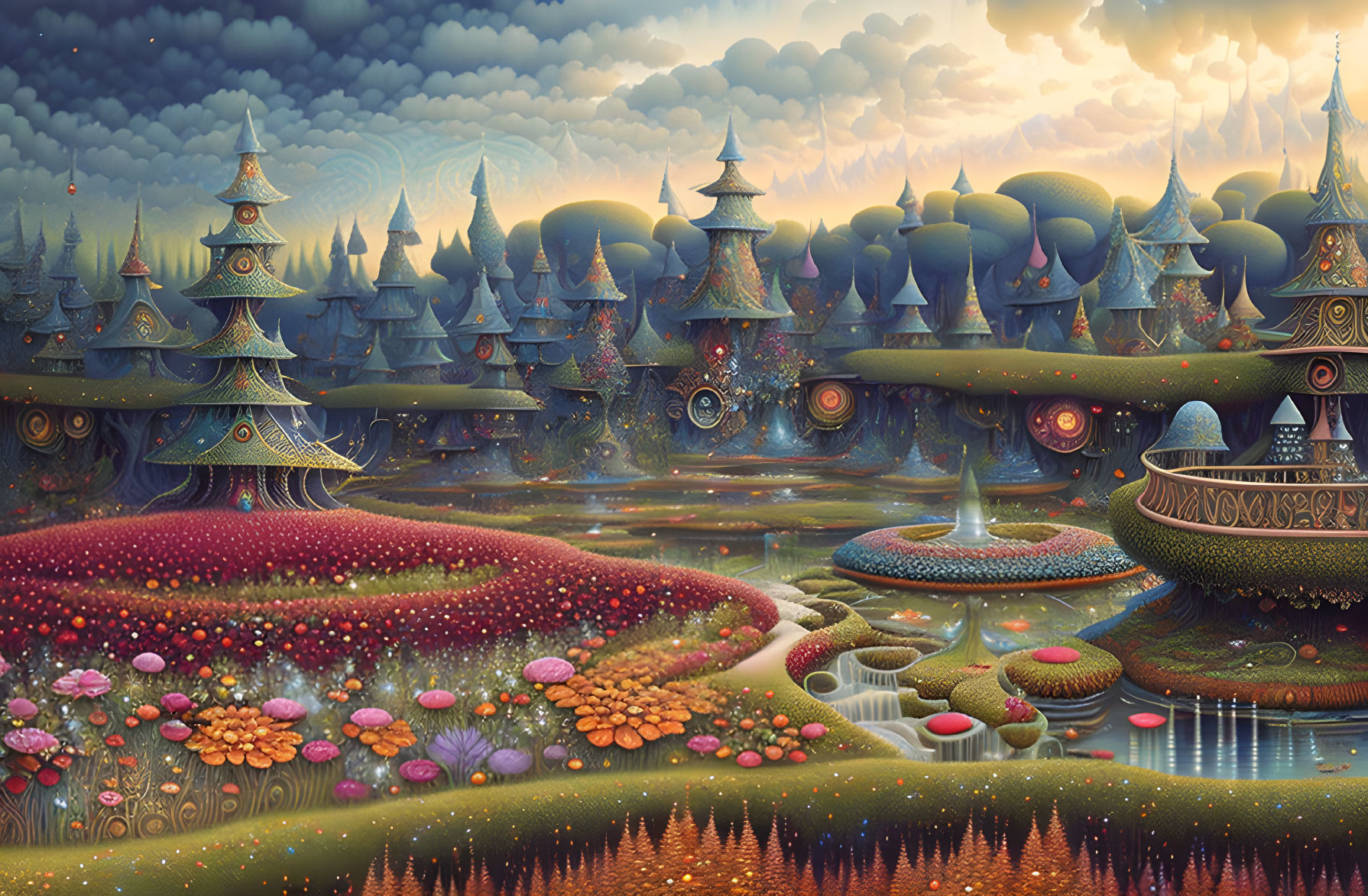 Fantastical landscape with whimsical trees and colorful flora