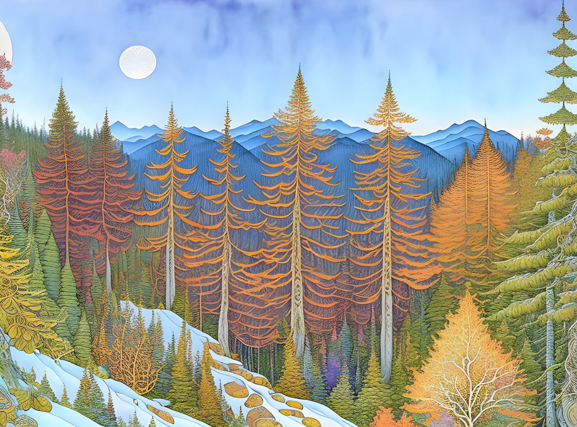 Vibrant forest painting with orange and green hues, mountain silhouettes, and pale sky