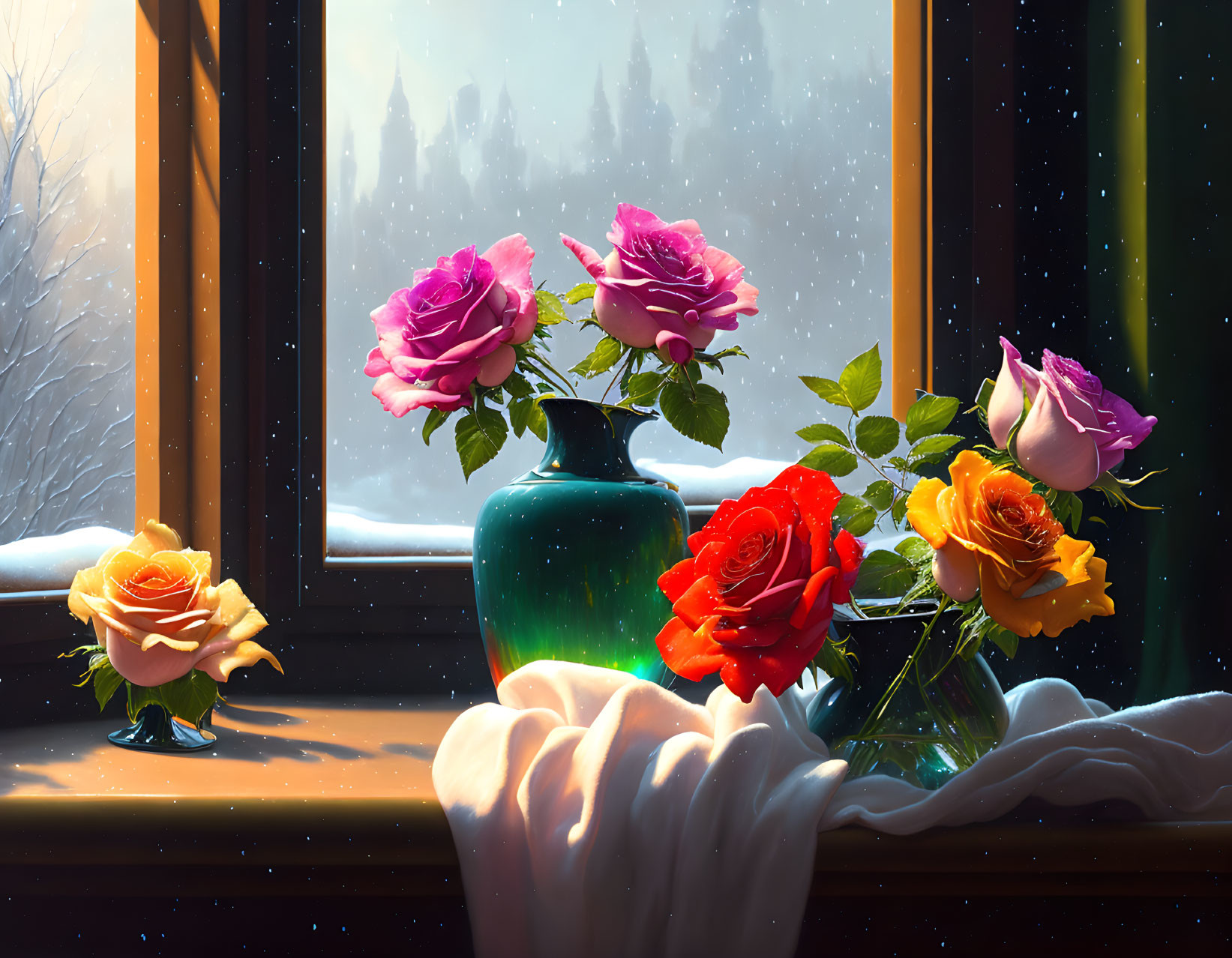 Vibrant roses in vase with snowy winter view.