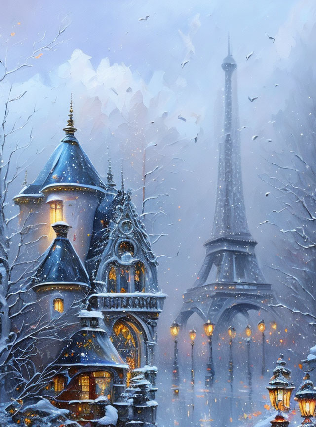 Snowy Paris landscape with ornate building and misty Eiffel Tower.