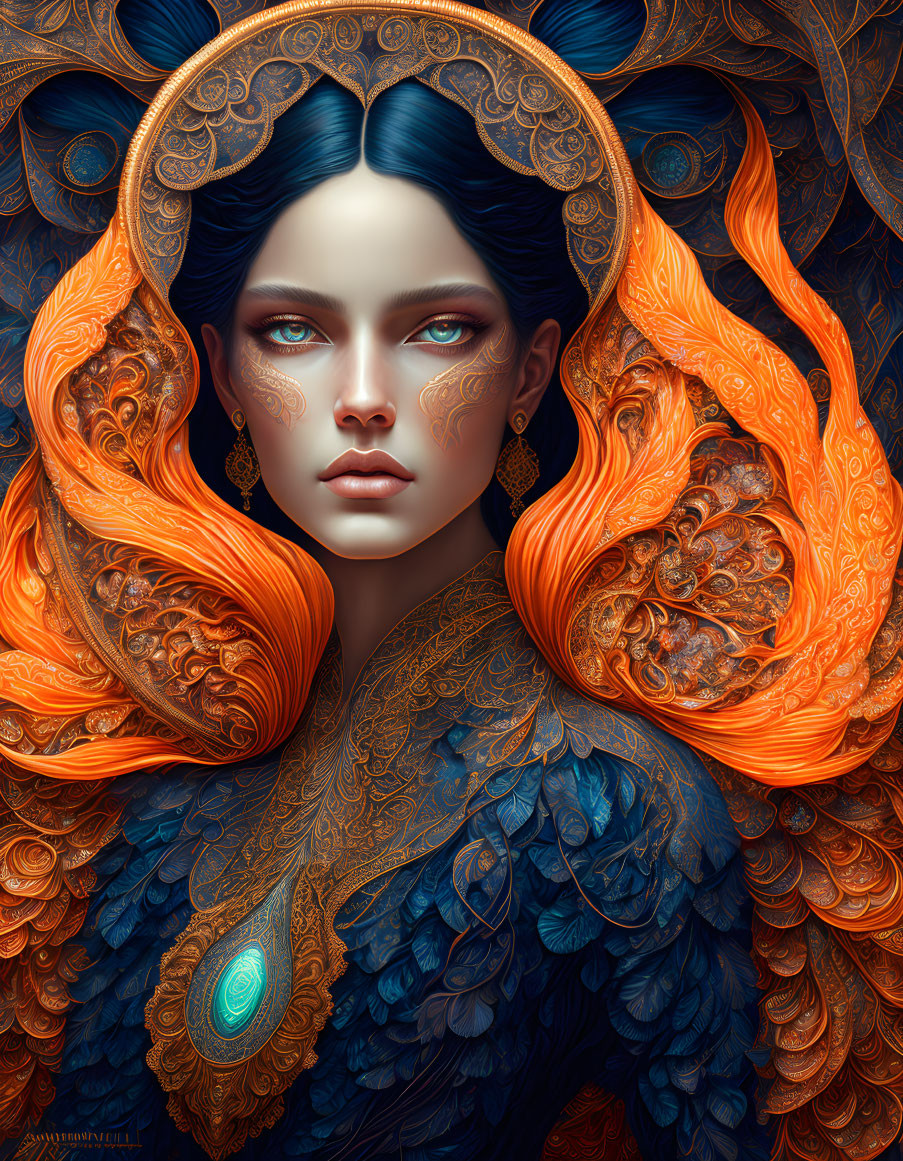 Digital Artwork: Woman with Blue Skin, Flame-like Hair, and Peacock Feathers