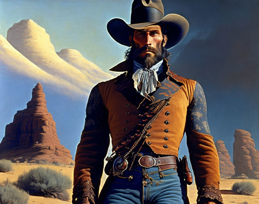 Western cowboy in wide-brimmed hat and leather attire in desert scene