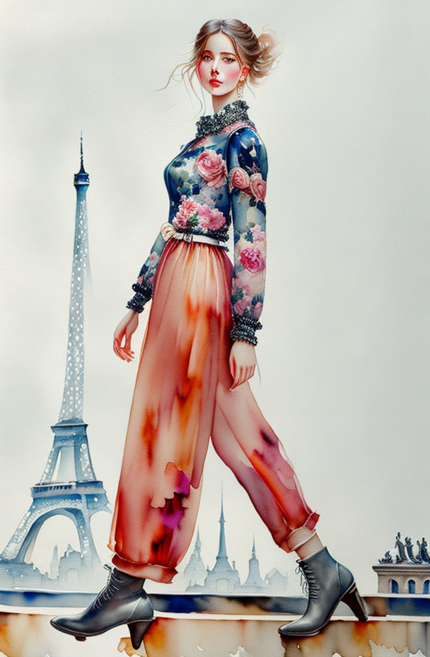 Stylized illustration of confident woman with Eiffel Tower in background