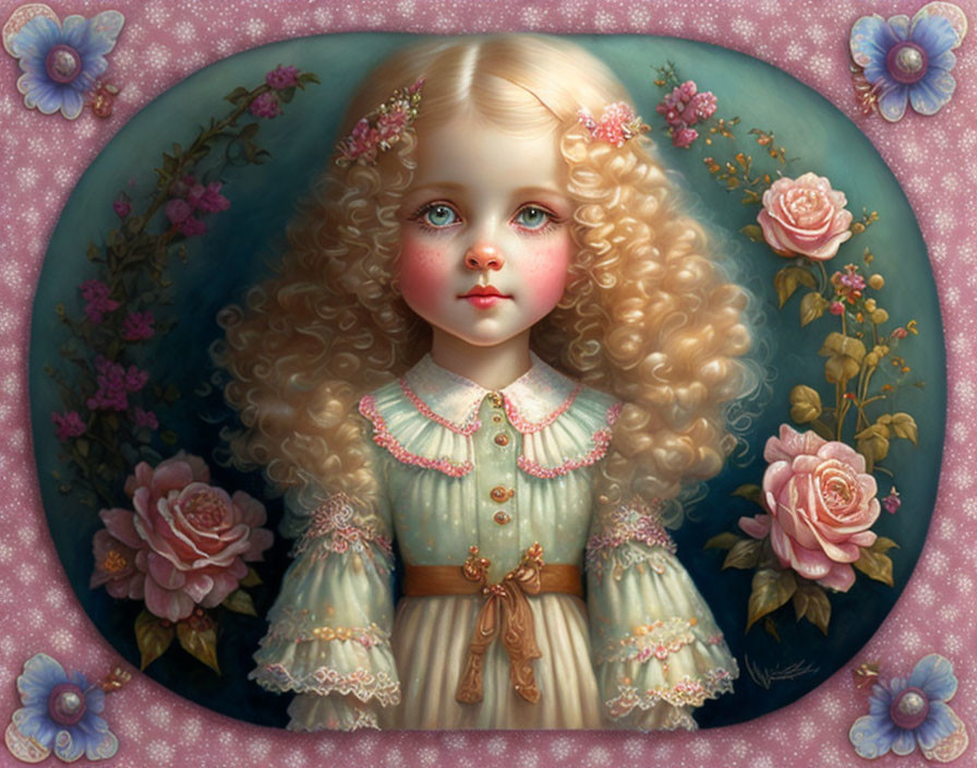 Illustrative portrait of young girl with curly blonde hair, flowers, roses, and butterflies