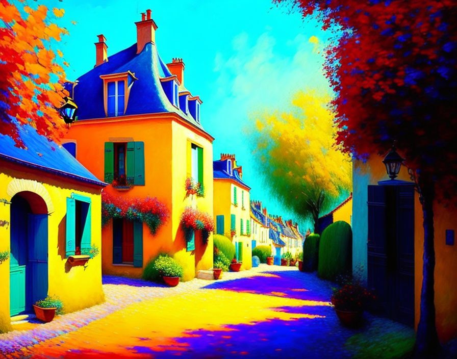 Colorful Houses on Vibrant Street with Blue Sky and Green Trees
