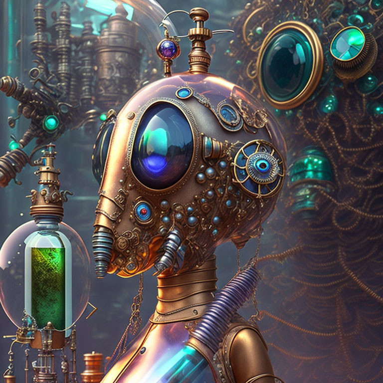 Detailed Steampunk-Style Robot with Brass Finish and Glass Chamber
