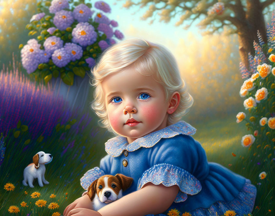 Digital painting of young child with blue eyes and puppy in nature scene