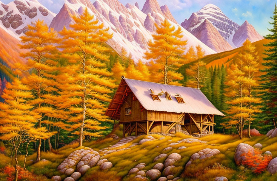 Rustic cabin surrounded by autumn trees and snowy mountains