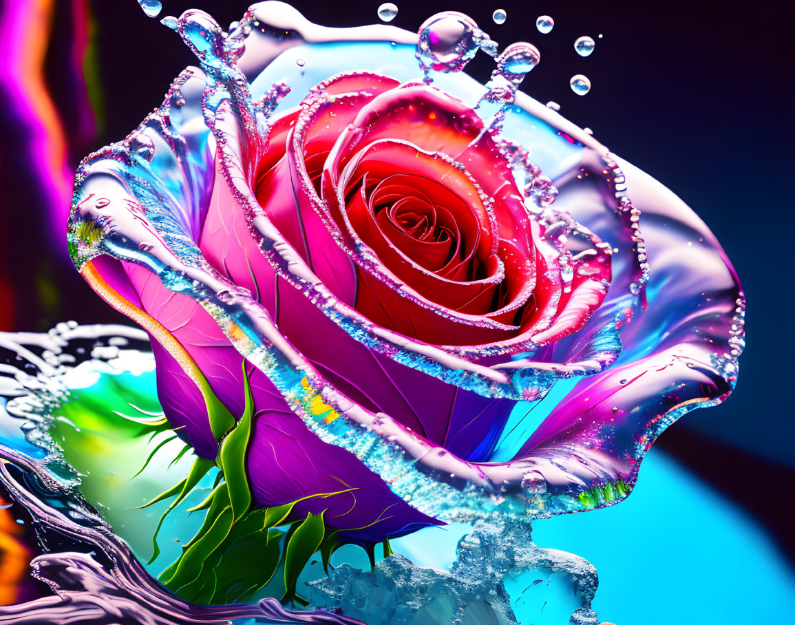 Digitally Enhanced Multicolored Rose in Swirling Water and Air Bubbles