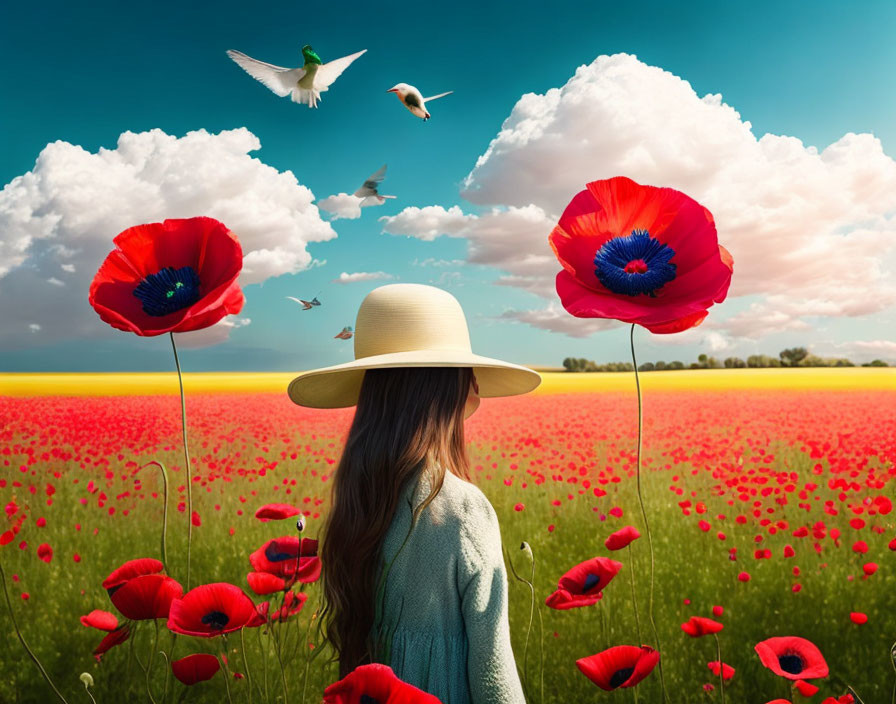 Woman in straw hat surrounded by red poppies under blue sky with flying birds