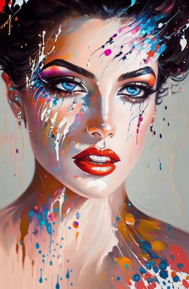 Woman's portrait with vibrant paint splatters, bold makeup, and classic hairstyle