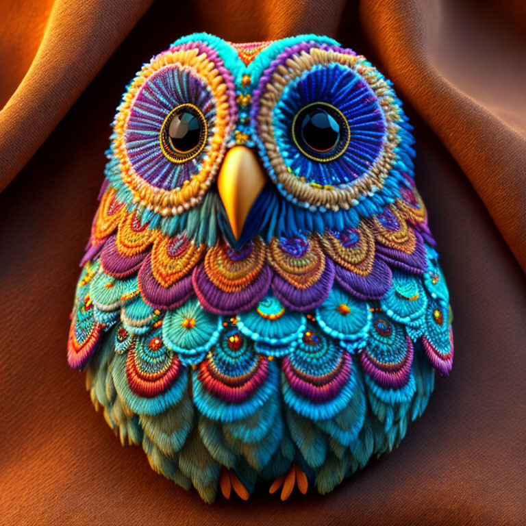 Colorful Owl Figurine with Intricate Feather Pattern in Blue, Purple, Orange, and Green