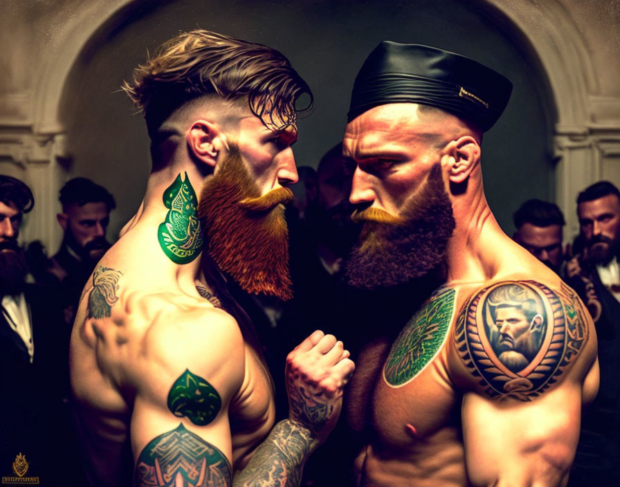 Two heavily tattooed men with styled beards and unique hairstyles in confrontational pose.
