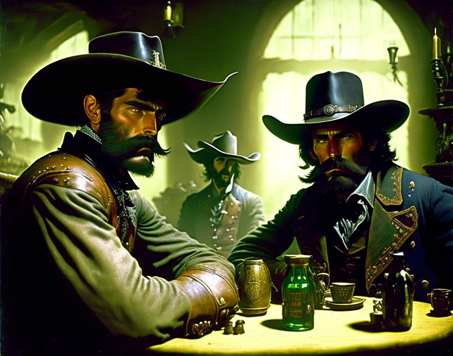Rugged cowboys in tense arm-wrestling match in dimly lit saloon