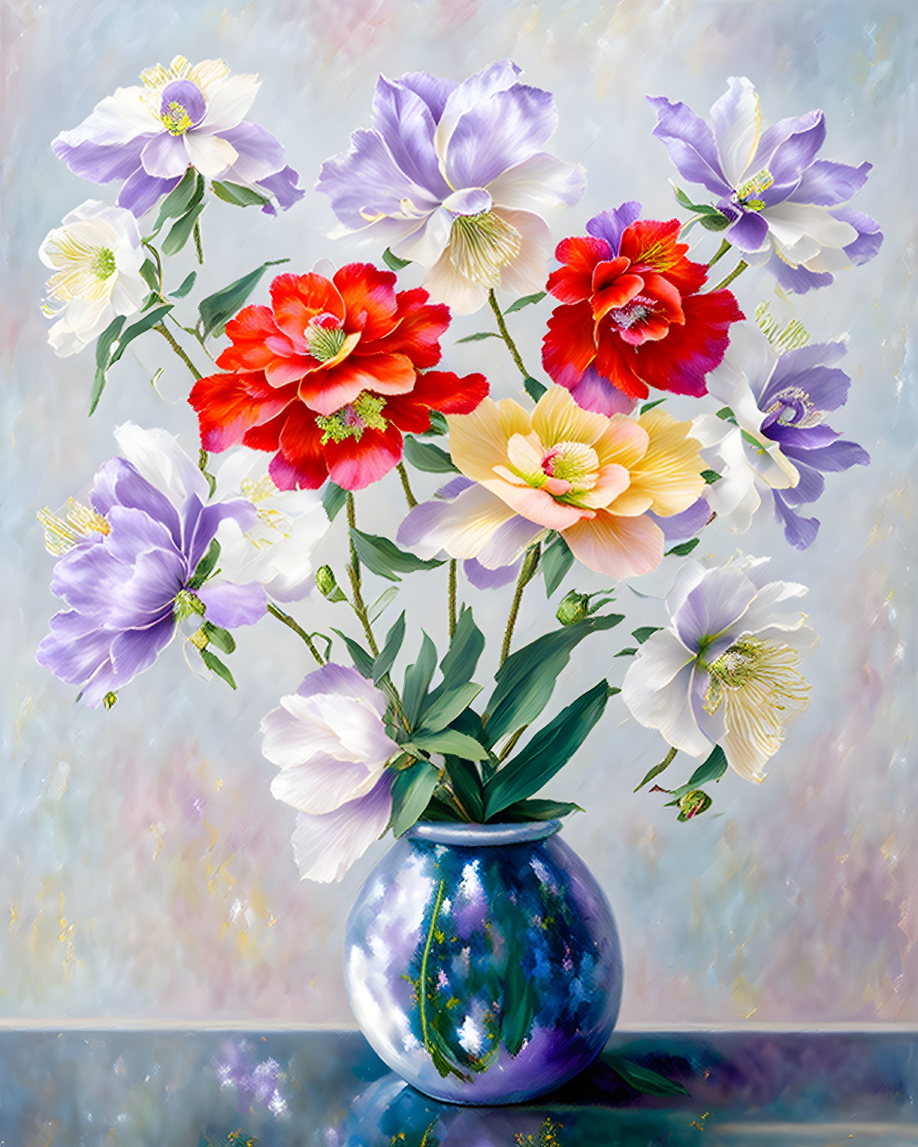 Colorful bouquet of poppies and flowers in blue vase on soft background