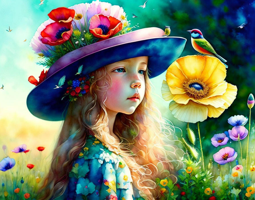 Colorful illustration of young girl in floral dress and hat with flowers, surrounded by blooms and bird.