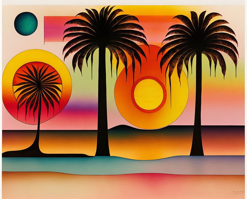 Colorful Sunset Sky with Palm Trees Silhouettes and Geometric Shapes