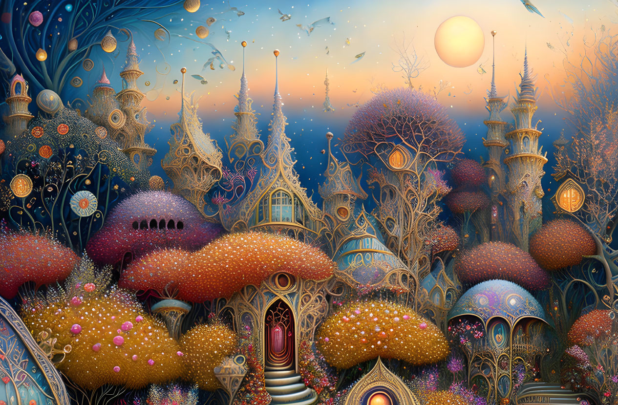 Fantasy landscape with mushroom houses, intricate trees, and glowing moon