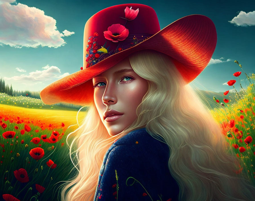 Blonde Woman in Red Flower field 