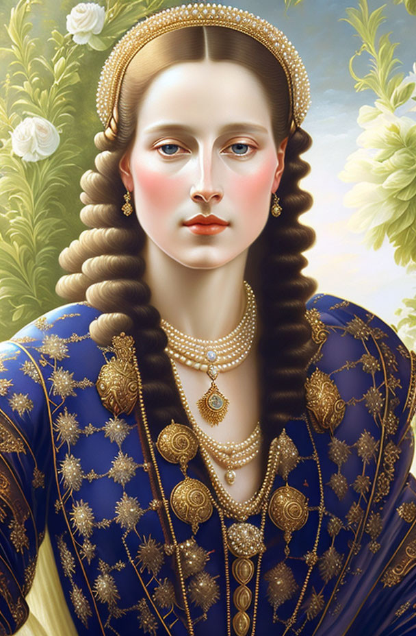 Elaborately braided hair woman in blue dress with gold accents