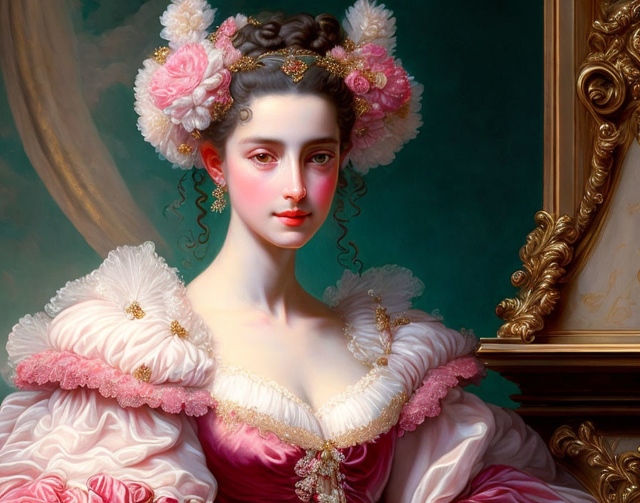 19th-Century Woman Oil Painting in Elaborate Pink Gown